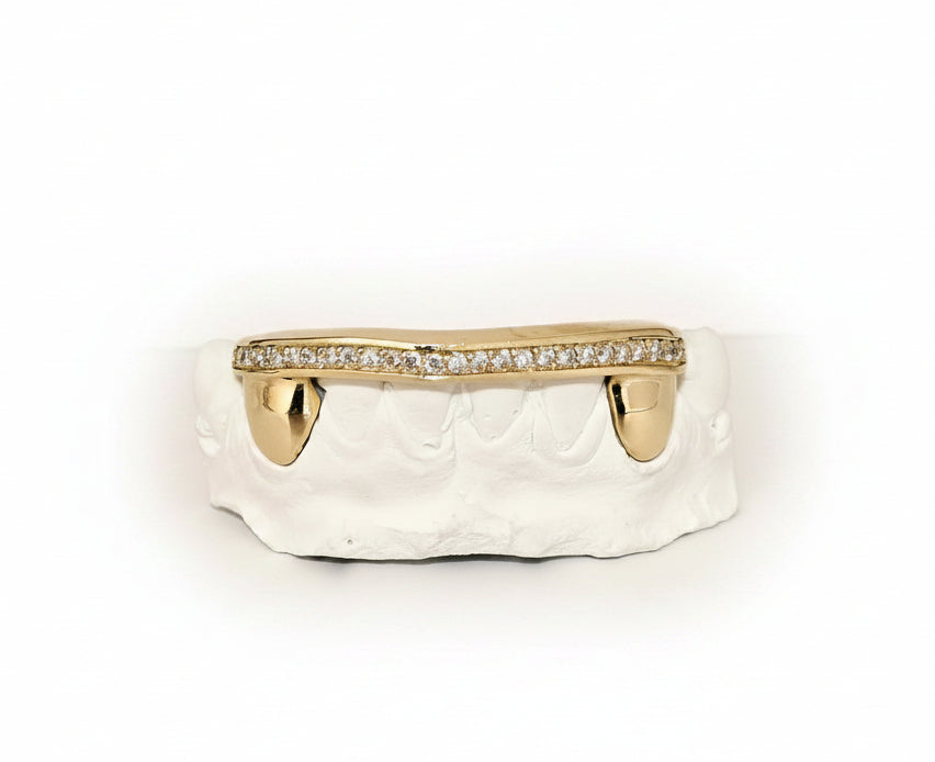 Fang Teeth, Top Bar, Diamond-Studded 6 or 12 pc - Gold Teeth America