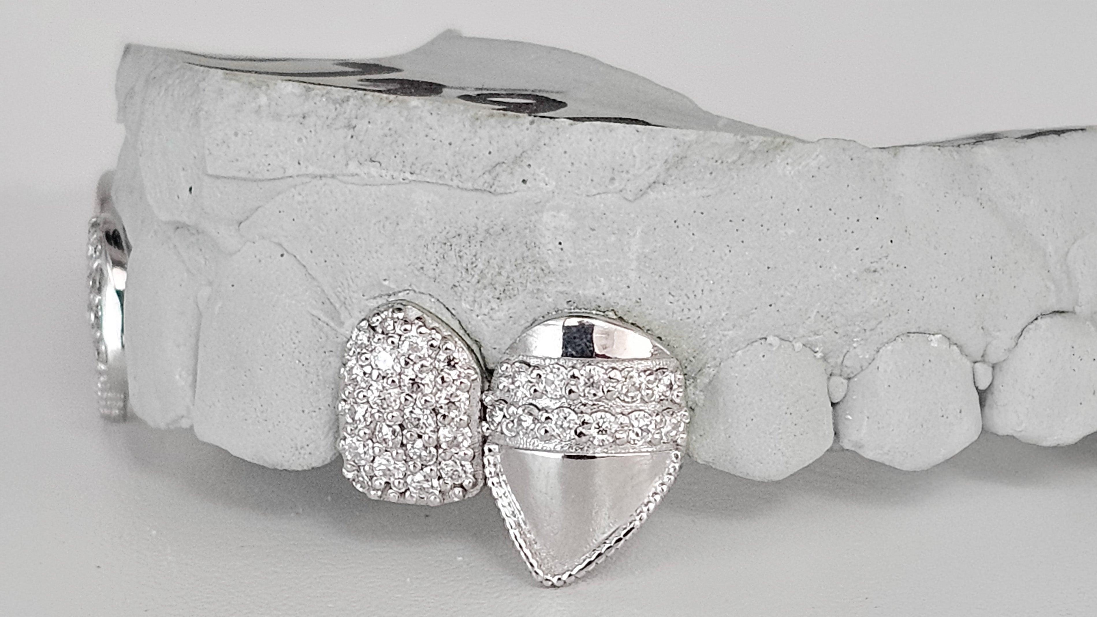 Silver Moissanite 4-Piece Grillz with Extended Fangs