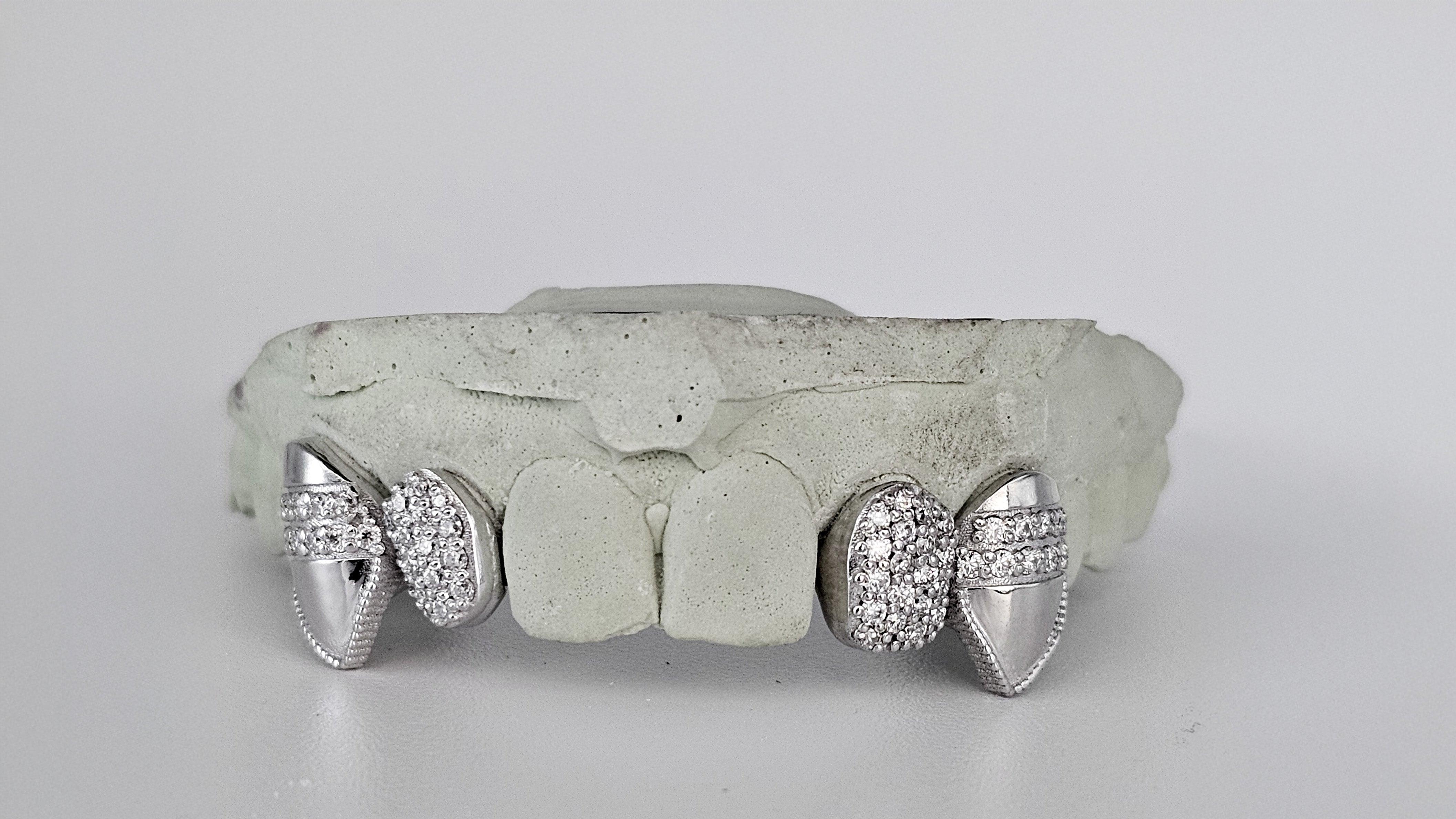 Silver Moissanite 4-Piece Grillz with Extended Fangs