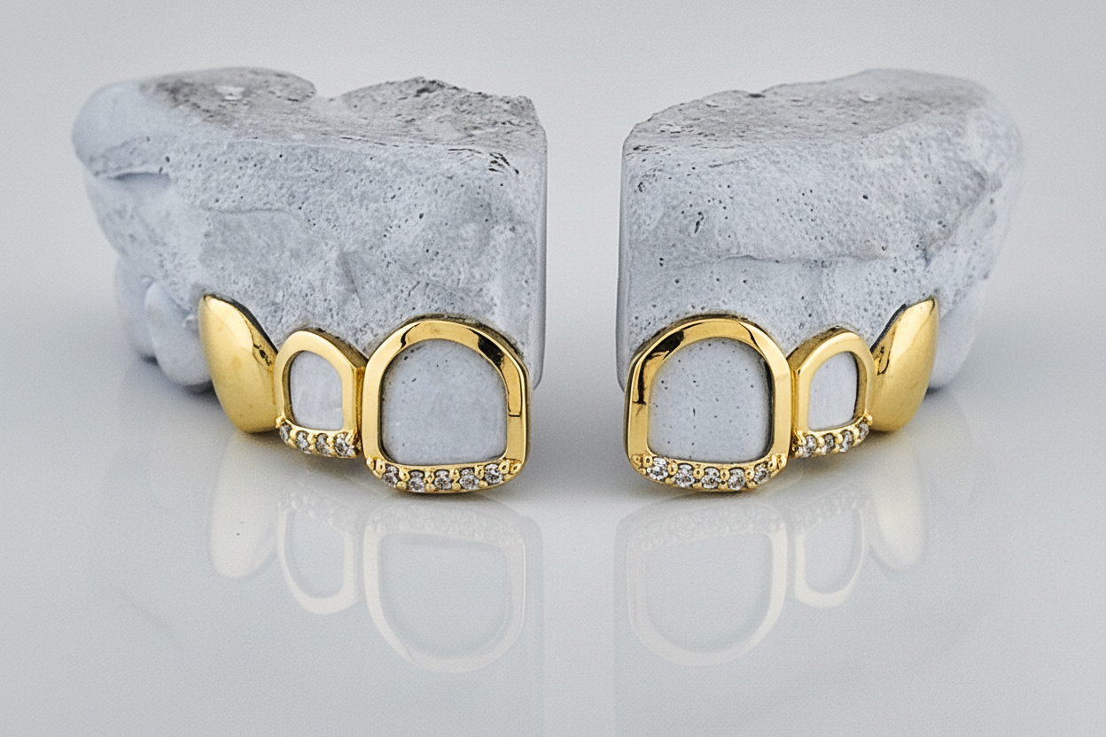 2 Open Face With Si Diamond | 1 Solid Gold Tooth DQ1040