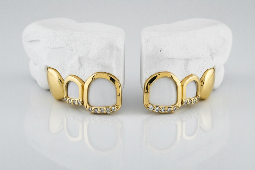 2 Open Face With Si Diamond | 1 Solid Gold Tooth DQ1040