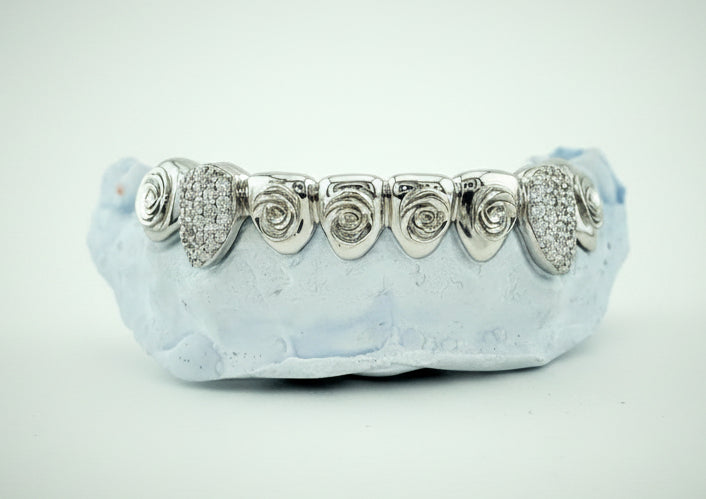 Rose Engraved Grillz w/ Moissanite Fangs
