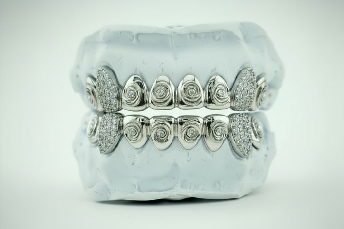 Rose Engraved Grillz w/ Moissanite Fangs