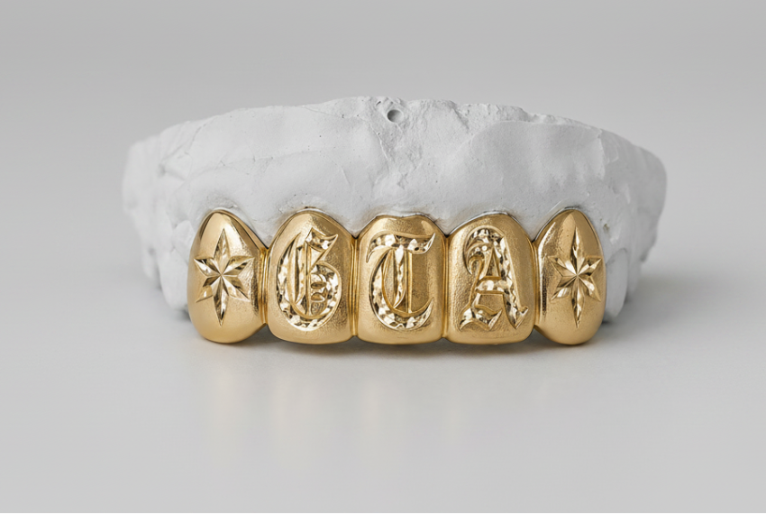 Gold Grillz with Diamond-Cut NAME DQ1037