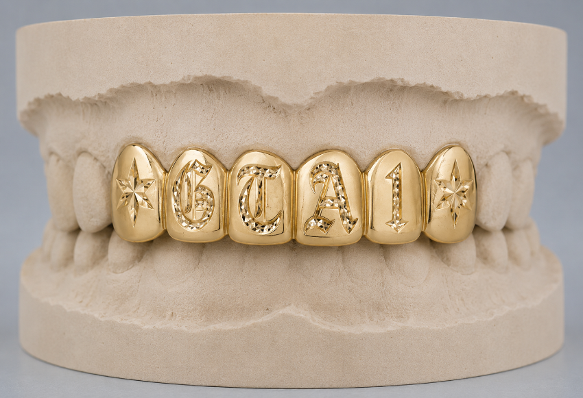 Gold Grillz with Diamond-Cut NAME DQ1037