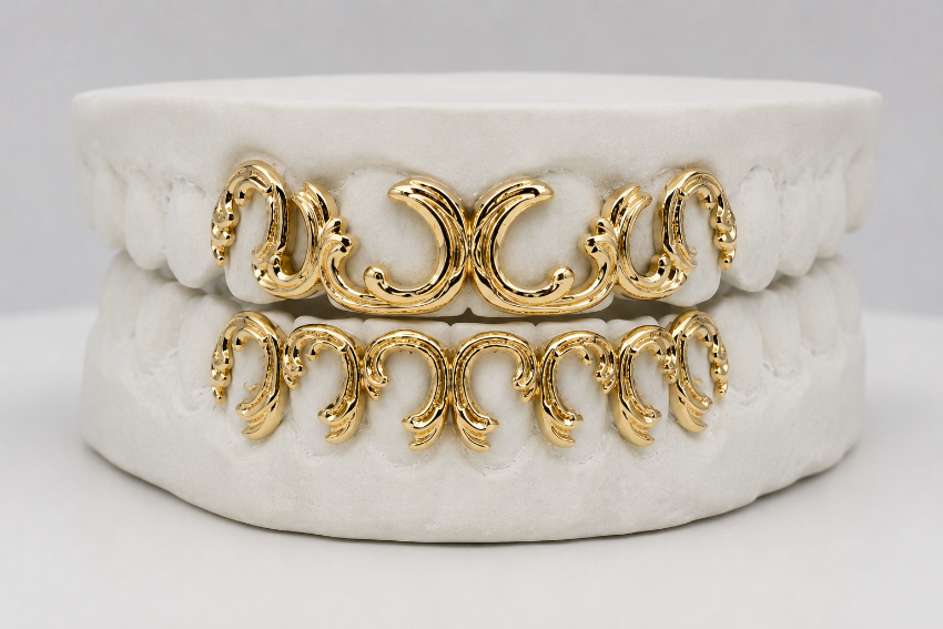 Victorian Scroll Custom Gold Grillz | Luxury Grillz by Gold Teeth
