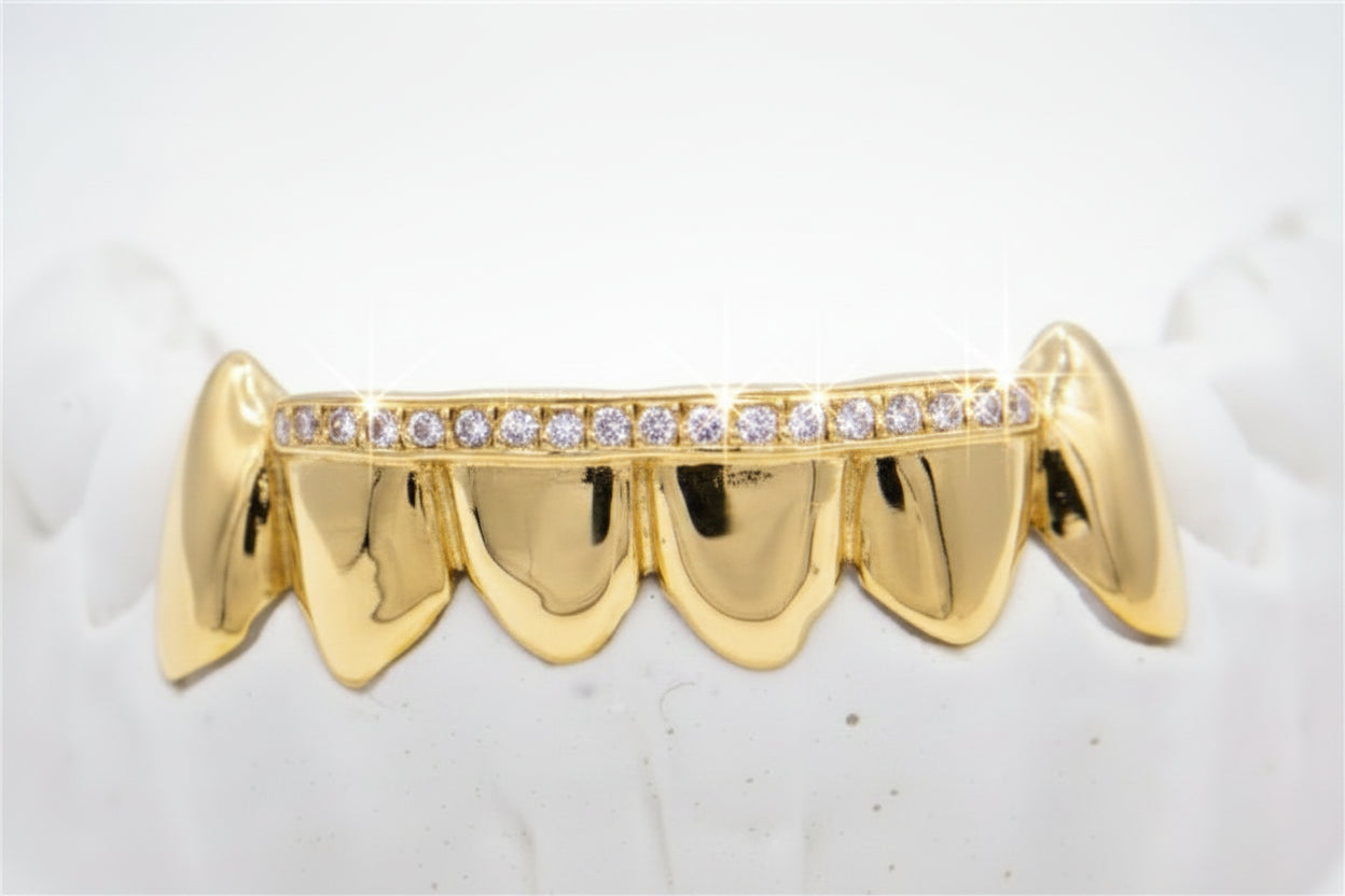Top Diamond Row Gold Grillz 6pc - Gold Teeth America